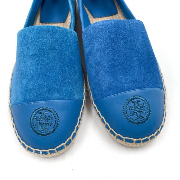 Tory Burch Suede Flat Espadrilles Cyan Blue Cap Toe Slip On Sz 8 - Picture 3 of 10